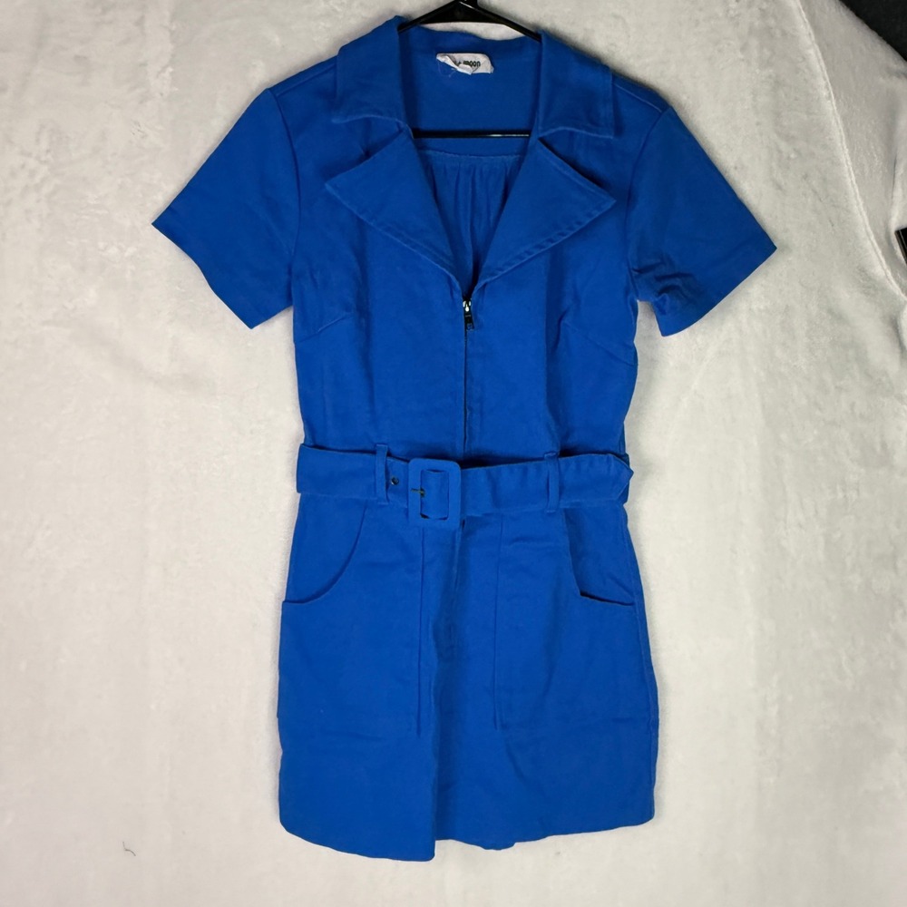 Day + Moon Blue Belted Zip Front Utility‎ Romper Women's Small Short Sleeve